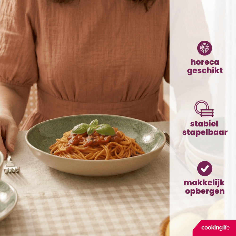 Cookinglife Dybe Tallerkener / Pastatallerkener Serene Green ø 23 cm - Stentøj - 4 Stykker