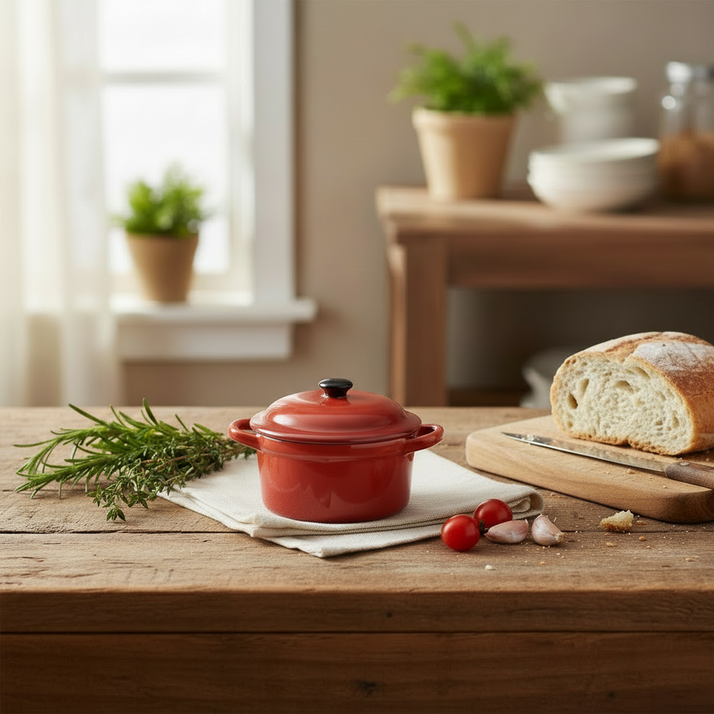 Cookinglife Serveerpannetje med deksel Rød - Porselein - ø 10 cm / 300 ml
