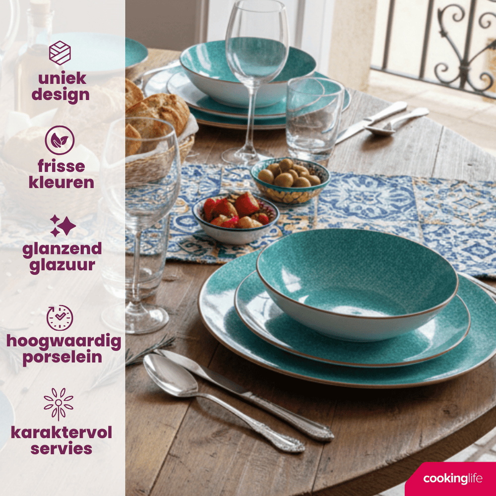 Cookinglife Serviesset Denim Bali Porselein 24-delig / 8 personer - 8 dinerborden, 8 ontbijtborden og 8 dybe boller