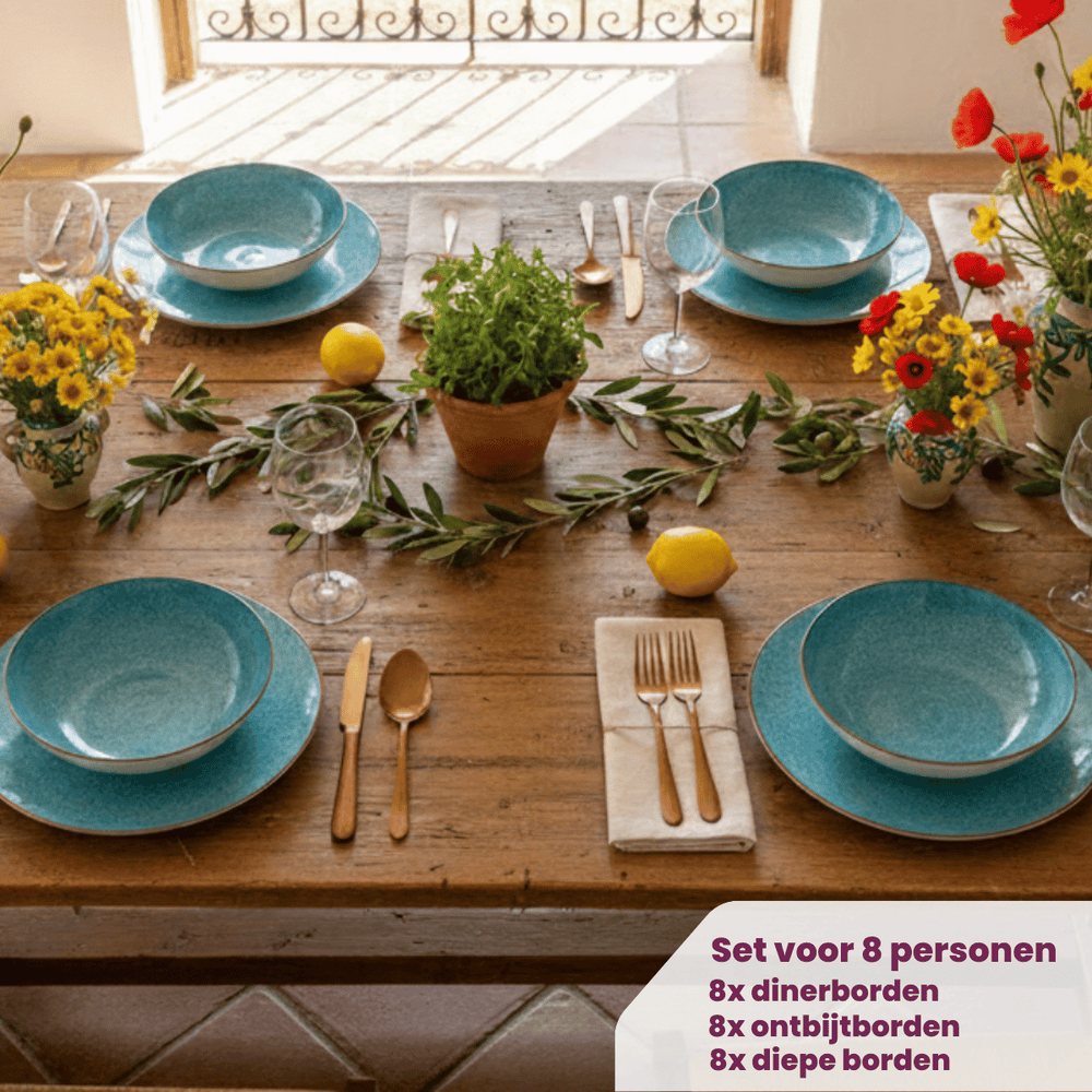 Cookinglife Serviesset Denim Ibiza Porselein 24-delig / 8 personer - 8 dinerborden, 8 ontbijtborden og 8 dybe boller