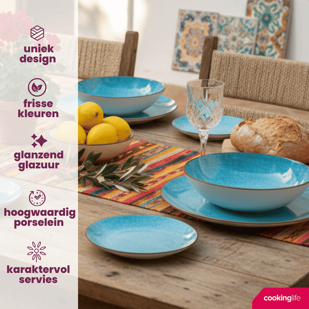 Cookinglife Serviesset Denim Ibiza Porselein 24-delig / 8 personer - 8 dinerborden, 8 ontbijtborden og 8 dybe boller