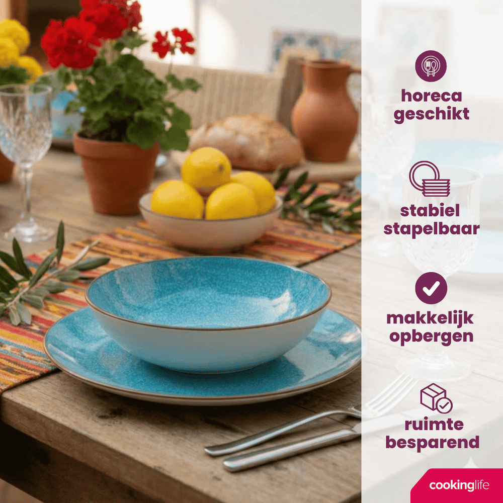 Cookinglife Serviesset Denim Ibiza Porselein 24-delig / 8 personer - 8 dinerborden, 8 ontbijtborden og 8 dybe boller