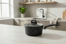 Cookinglife Steelpan / Sauspan med låg - Black Speckle - Aluminium ø 18 cm / 2,2 liter - Egnet til alle varmekilder - standard non-stick belægning