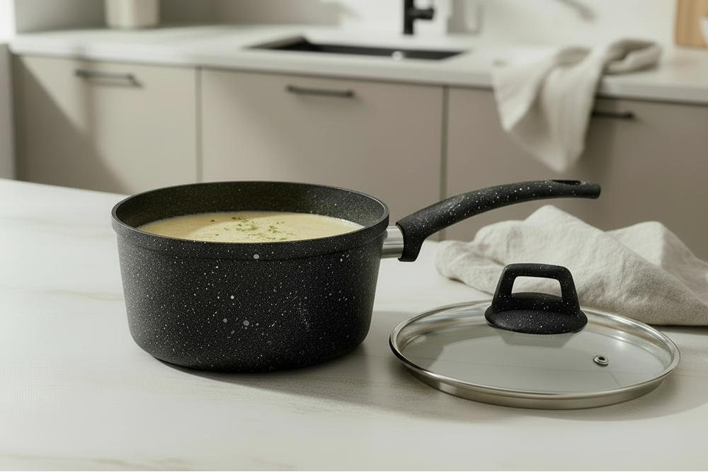 Cookinglife Pannenset Black Speckle 4-Delig Aluminium - Kookpan ø 20, 22, 24 cm & Steelpan ø 18 cm - Geschikt voor alle warmtebronnen - standard anti-aanbaklaag
