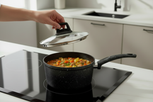Cookinglife Steelpan / Sauspan med låg - Black Speckle - Aluminium ø 18 cm / 2,2 liter - Egnet til alle varmekilder - standard non-stick belægning