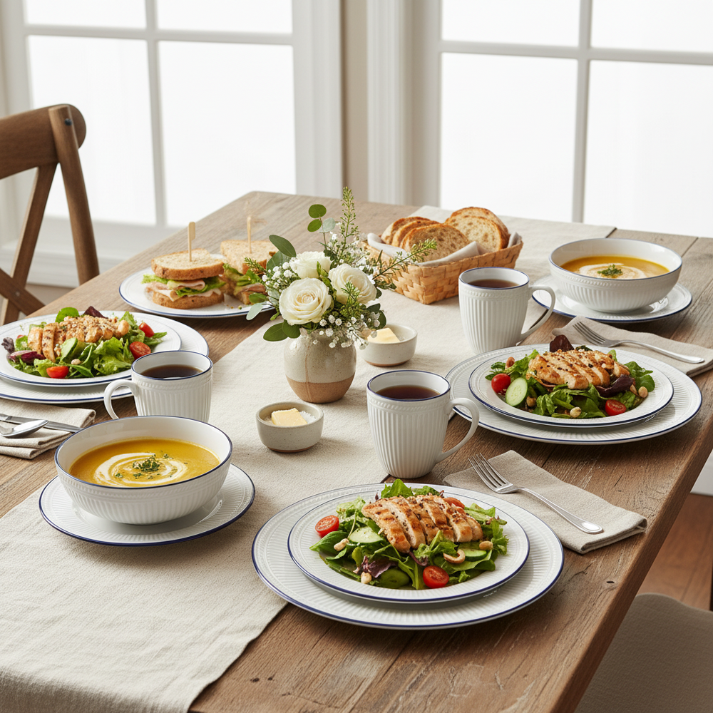 Cookinglife Serviesset Whitmore 30-delig / 6 personer - 6 middagstallerkener, 6 morgenmadstallerkener, 6 dybe tallerkener, 6 skåle og 6 krus
