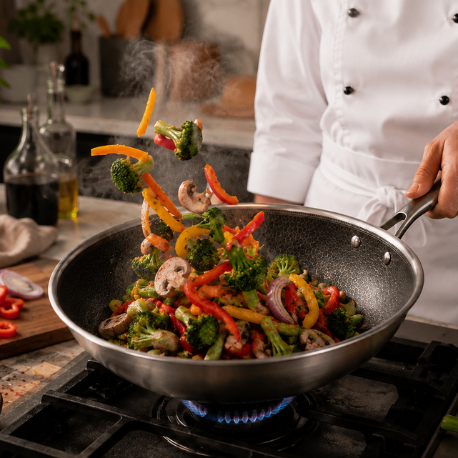 Kan du på et almindeligt gaskomfur også wokstege uden wok?