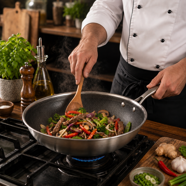 Hvilken stegepande er lettest at tage fat i over en gasflamme?
