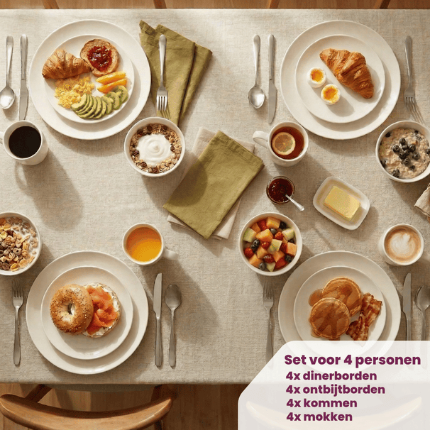Cookinglife Serviesset Aardewerk Hvid 16-delt / 4 personer - 4 middagstallerkener, 4 morgenmadstallerkener, 4 skåle og 4 krus