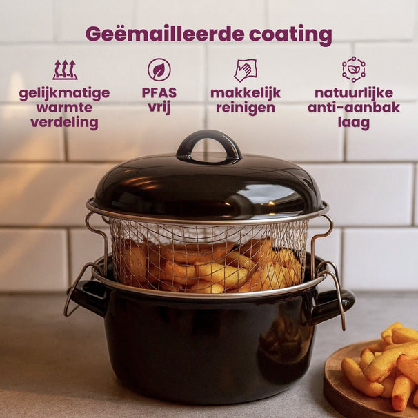 Cookinglife Oliebollenpan - Frituurpan - Braadpan - Emaille - med mand - ø 24 cm / 4 Liter - emaljeret non-stick belægning