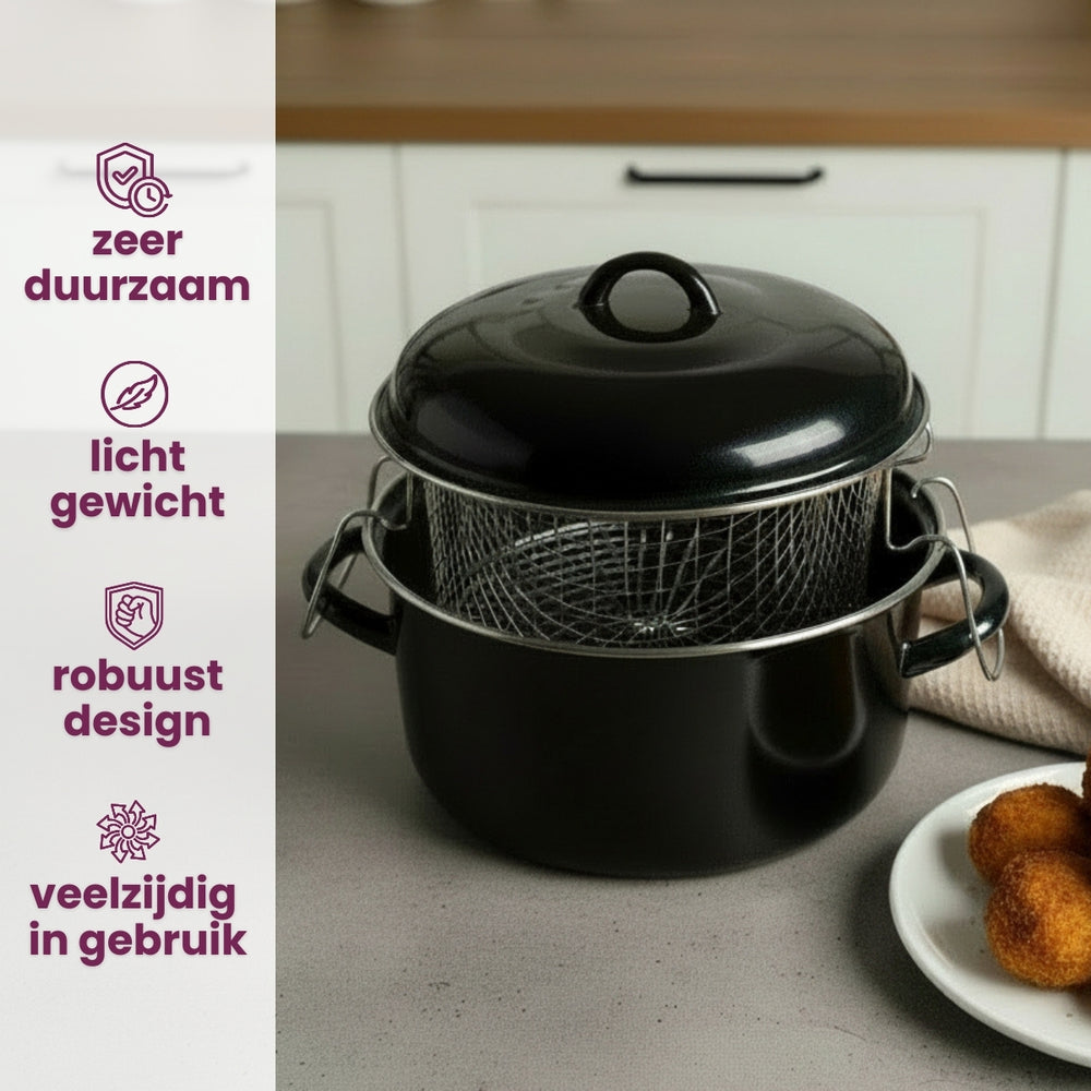 Cookinglife Oliebollenpan - Frituurpan - Braadpan - Emaille - med mand - ø 24 cm / 4 Liter - emaljeret non-stick belægning