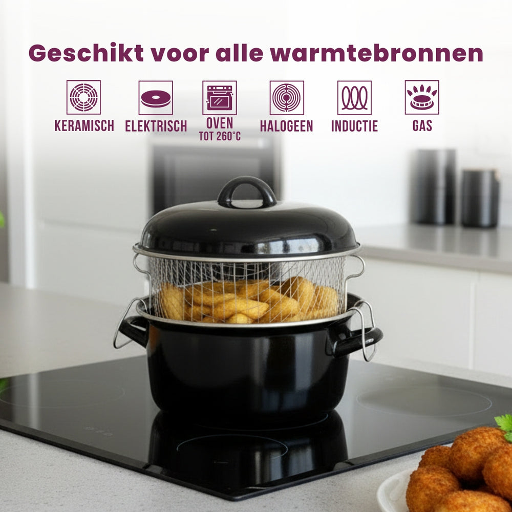 Cookinglife Oliebollenpan - Frituurpan - Braadpan - Emaille - med mand - ø 24 cm / 4 Liter - emaljeret non-stick belægning