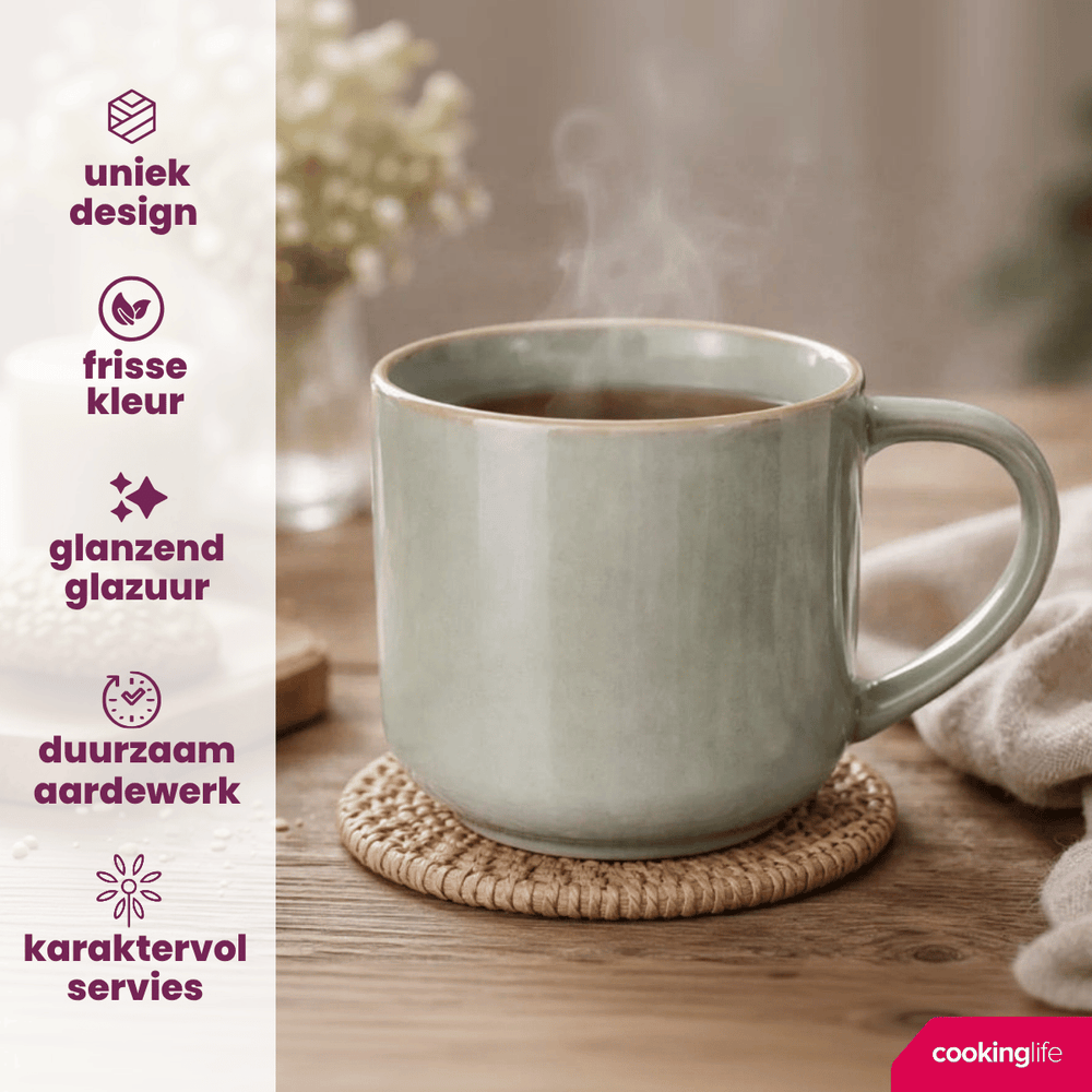 Cookinglife Koffiemokken Serene Green 330 ml - Stentøj - 4 stk.