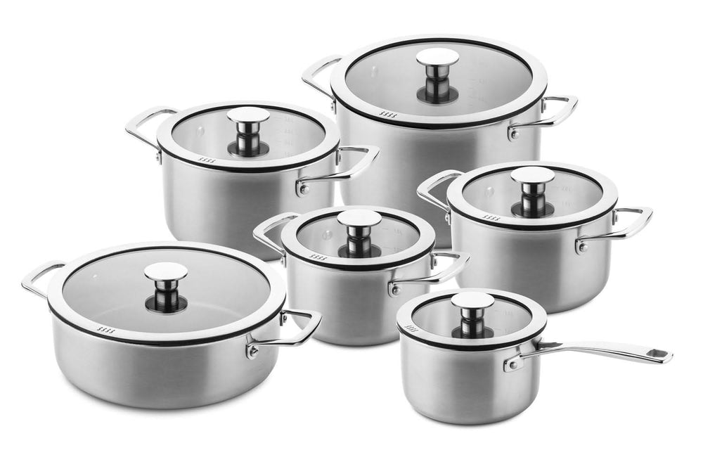 DUCQ Pannenset 6-Delig - Downdraft Egnet - Kogepande ø 16, 18, 20, 24 cm & Stegepande ø 16 cm & Gryde ø 26 cm + Låg