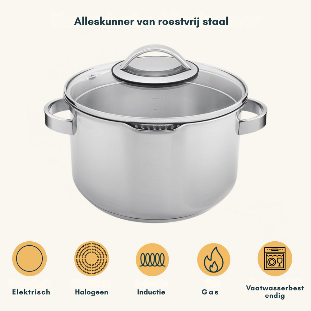 Sola Pannenset Diamond 4-Delig RVS - Downdraft egnet - Kogepande ø 16, 18, 20 cm & Stegepande ø 16 cm - egnet til alle varmekilder