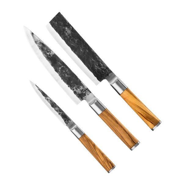 Forged Messenset Olive - 3 - delig - Koksmes, Hakmes og Universelt mes