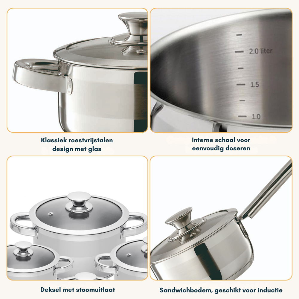 Sola Pannenset Furore 4-Delig RVS Kookpan ø 16, 18, 20 cm & Steelpan ø 16 cm - egnet til alle varmekilder