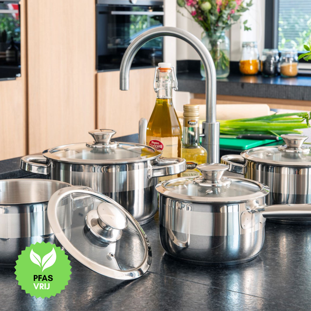 Sola Pannenset Furore 4-Delig RVS Kookpan ø 16, 18, 20 cm & Steelpan ø 16 cm - egnet til alle varmekilder