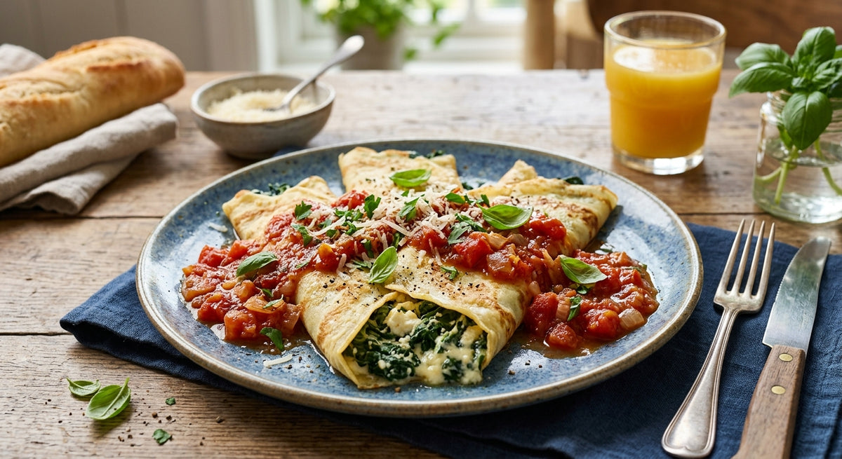 Dejlige spinat- og ostefyldte crêpes med tomatsauce