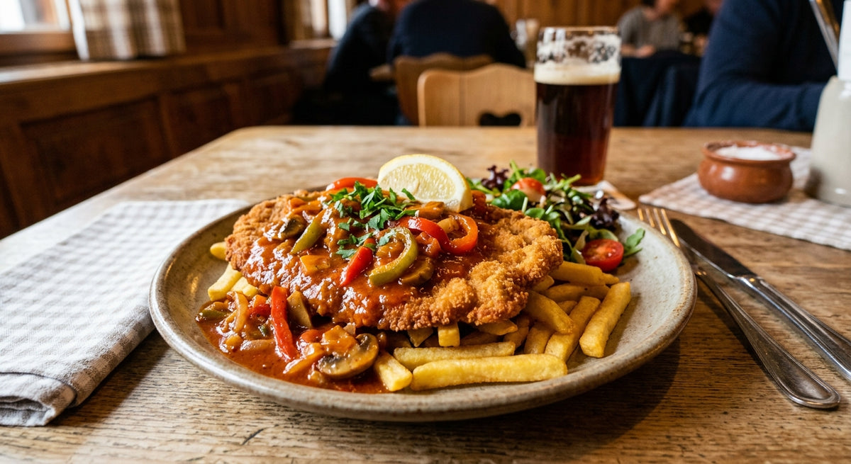 Sprød paneret schnitzel med en krydret paprikasovs
