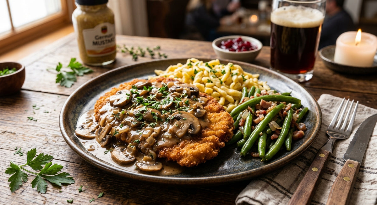 Sprød schnitzel med en fyldig, kraftig champignonsovs