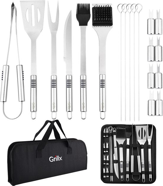 GrillX BBQ Accessoires Gereedskabssæt - BBQ Tang, Spatel, Vork, Borste - Komplet Grillværktøjssæt