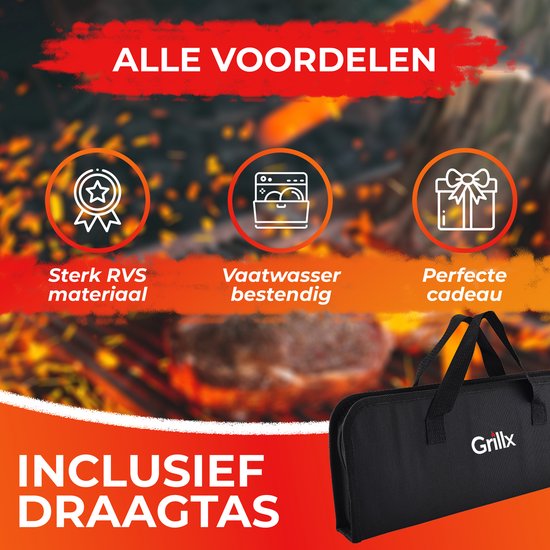 GrillX BBQ Accessoires Gereedskabssæt - BBQ Tang, Spatel, Vork, Borste - Komplet Grillværktøjssæt