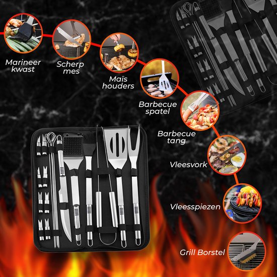 GrillX BBQ Accessoires Gereedskabssæt - BBQ Tang, Spatel, Vork, Borste - Komplet Grillværktøjssæt
