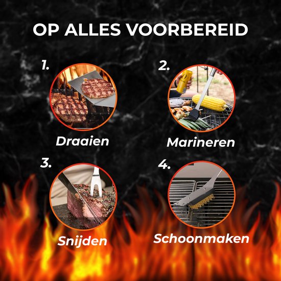 GrillX BBQ Accessoires Gereedskabssæt - BBQ Tang, Spatel, Vork, Borste - Komplet Grillværktøjssæt