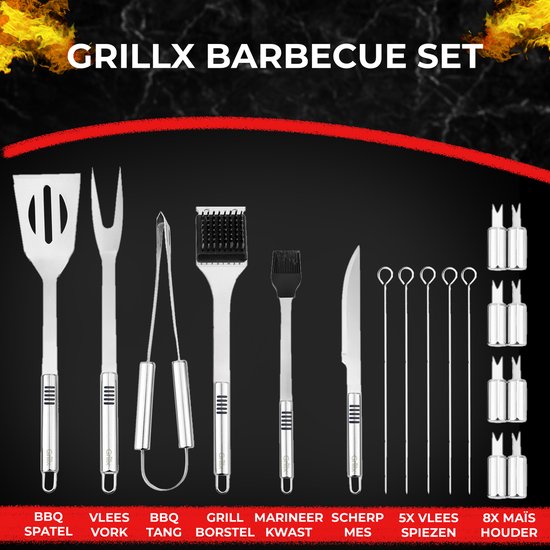 GrillX BBQ Accessoires Gereedskabssæt - BBQ Tang, Spatel, Vork, Borste - Komplet Grillværktøjssæt