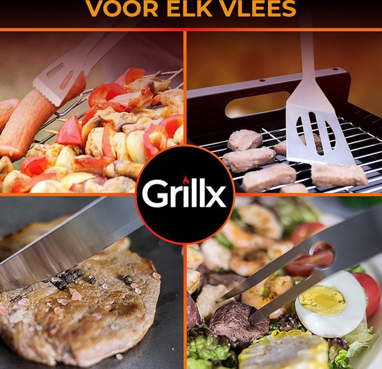 GrillX BBQ Accessoires Gereedskabssæt - BBQ Tang, Spatel, Vork, Borste - Komplet Grillværktøjssæt