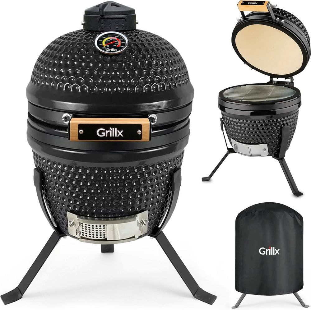 GrillX Kamado Barbecue - 13 Inch - Inkluderet Opbevaringscover - Barbecue Egg - Kulgrill - Sort - Ø 27 cm