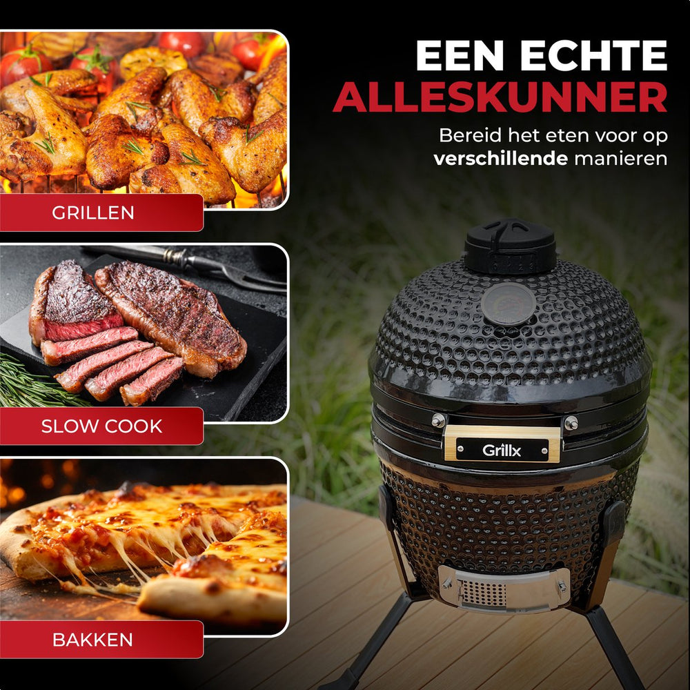 GrillX Kamado Barbecue - 13 Inch - Inkluderet Opbevaringscover - Barbecue Egg - Kulgrill - Sort - Ø 27 cm