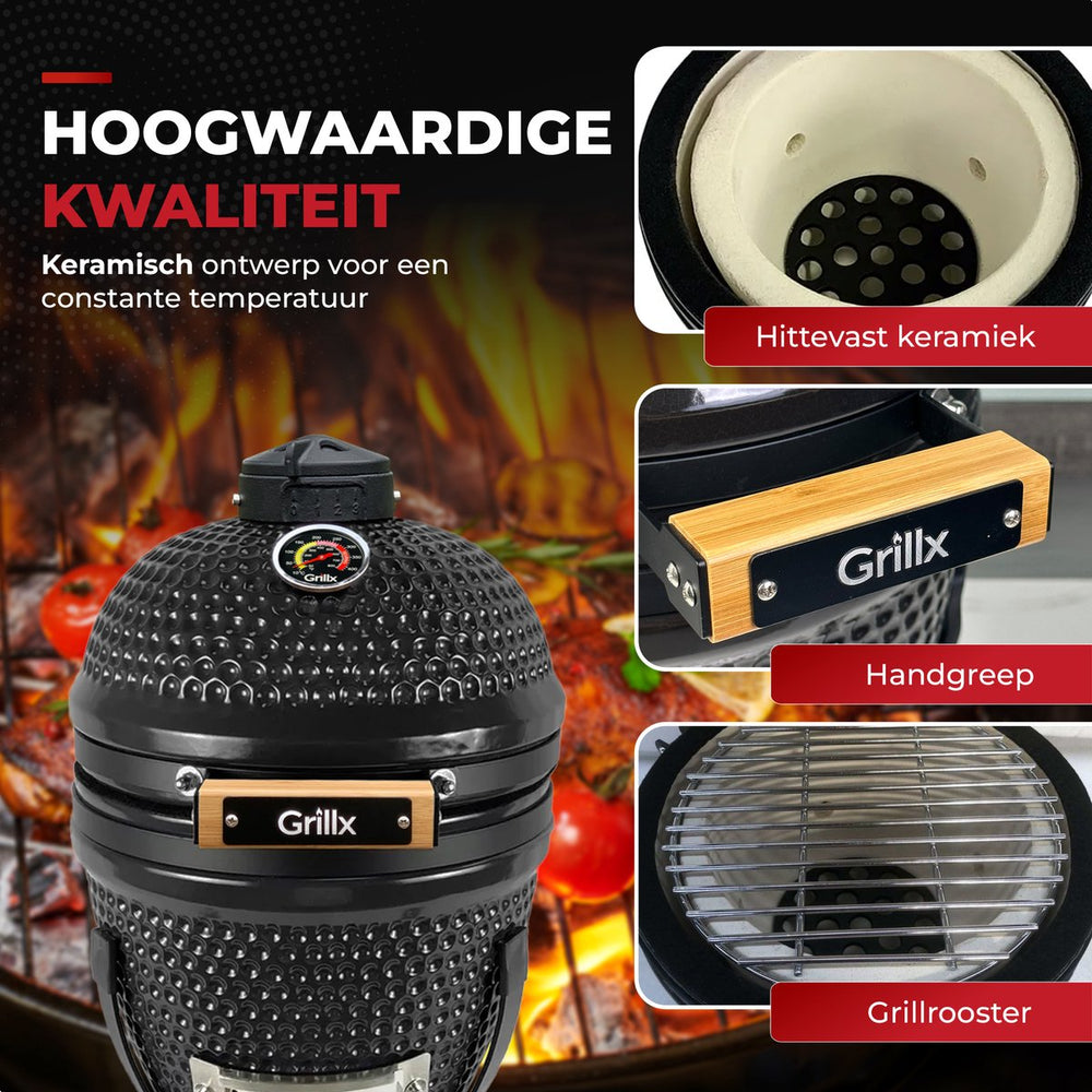 GrillX Kamado Barbecue - 13 Inch - Inkluderet Opbevaringscover - Barbecue Egg - Kulgrill - Sort - Ø 27 cm