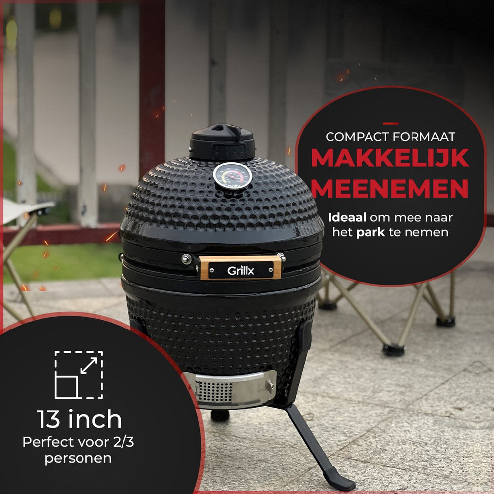 GrillX Kamado Barbecue - 13 Inch - Inkluderet Opbevaringscover - Barbecue Egg - Kulgrill - Sort - Ø 27 cm