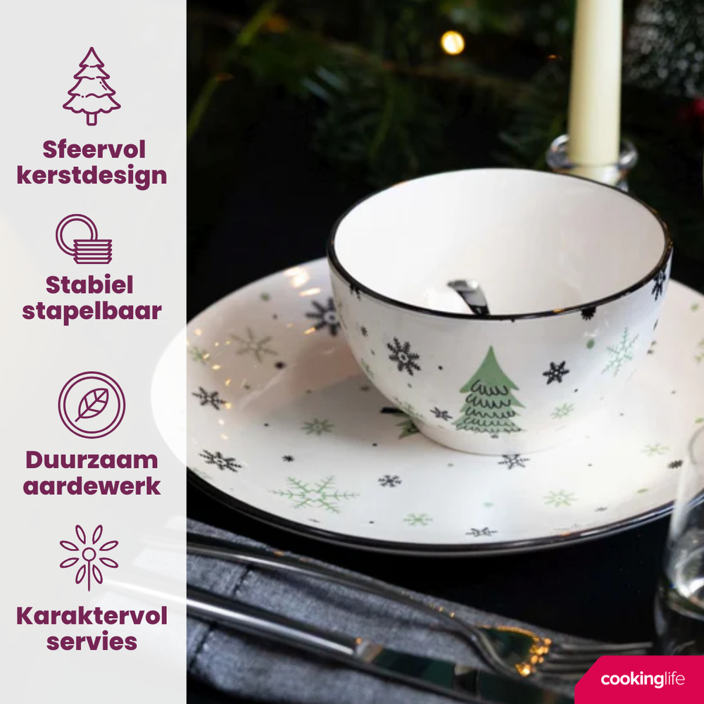 Cookinglife Serviesset - Kerstservies - Aardewerk - Grøn 18-delig / 6 personer