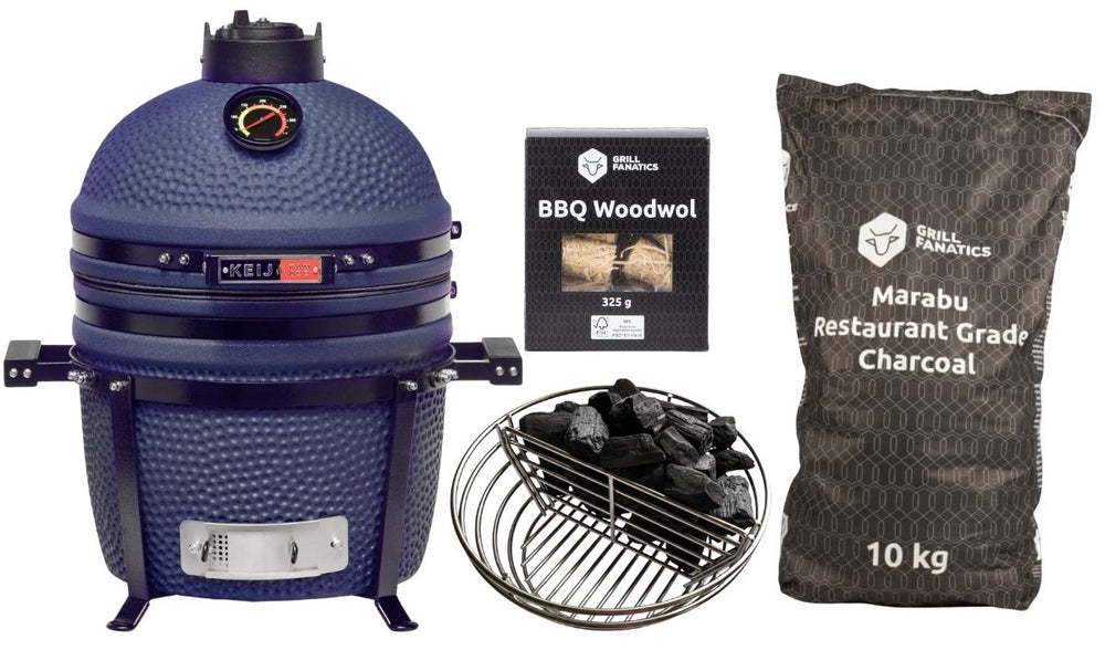 Keij Kamado BBQ Startersæt - Legend Compact Blue 15 tommer - med Trækul, Tændblokke & Kolenet
