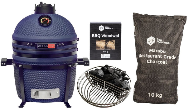 Keij Kamado BBQ Startersæt - Legend Compact Blue 15 tommer - med Trækul, Tændblokke & Kolenet