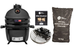 Keij Kamado BBQ Startersæt - Legend Compact Black 15 tommer - med Trækul, Tændblokke & Kolenkurv