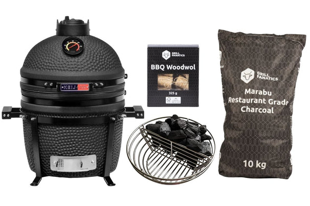 Keij Kamado BBQ Startersæt - Legend Compact Black 15 tommer - med Trækul, Tændblokke & Kolenkurv