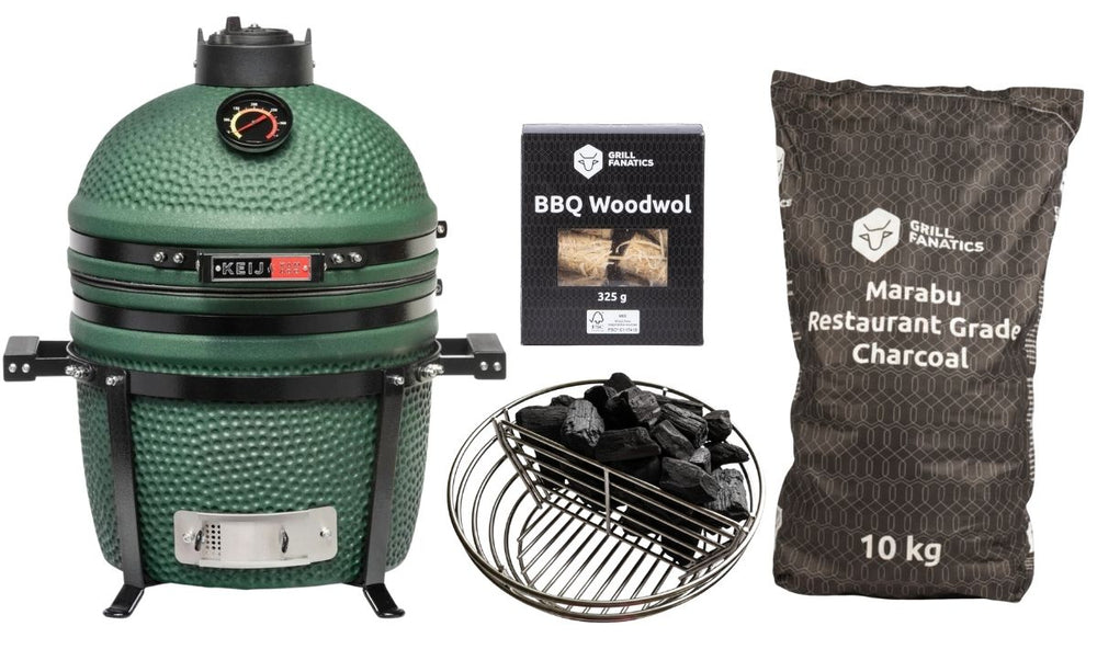 Keij Kamado BBQ Startersæt - Legend Compact Green 15 tommer - med Trækul, Tændblokke & Kulkurv