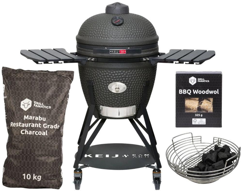 Keij Kamado BBQ Startersæt - Legend Large Black 21 inch - med Trækul, Tændblokke & Kolenmand