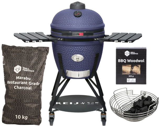 Keij Kamado BBQ Startersæt - Legend Large Blue 21 inch - med Trækul, Tændblokke & Kulkurv