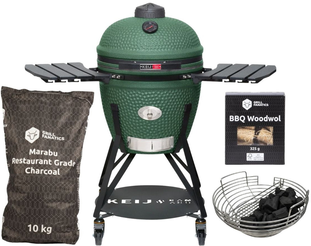Keij Kamado BBQ Startersæt - Legend Large Green 21 inch - med Trækul, Tændblokke & Kulkurv