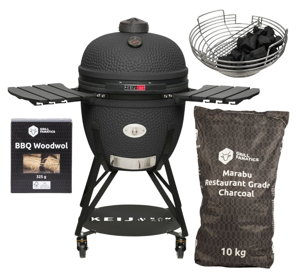Keij Kamado BBQ Startersæt - Legend XL Black 23 tommer - med Trækul, Tændblokke & Kolenmand