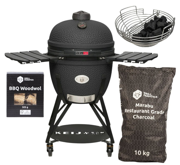 Keij Kamado BBQ Startersæt - Legend XL Black 23 tommer - med Trækul, Tændblokke & Kolenmand