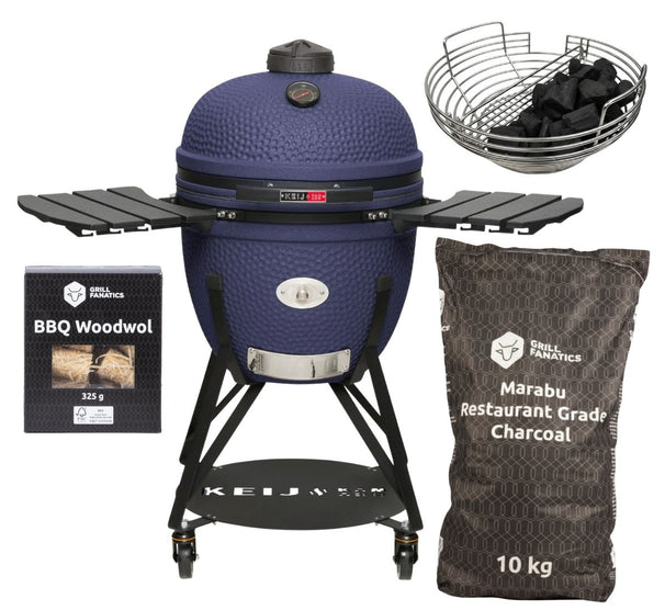 Keij Kamado BBQ Startersæt - Legend XL Blue 23 tommer - med Trækul, Tændblokke & Kolenet