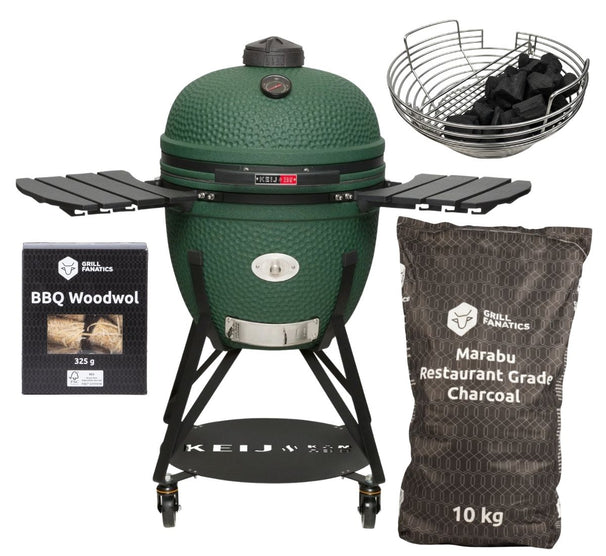 Keij Kamado BBQ Startersæt - Legend XL Green 23 tommer - med Trækul, Tændblokke & Kulkurv