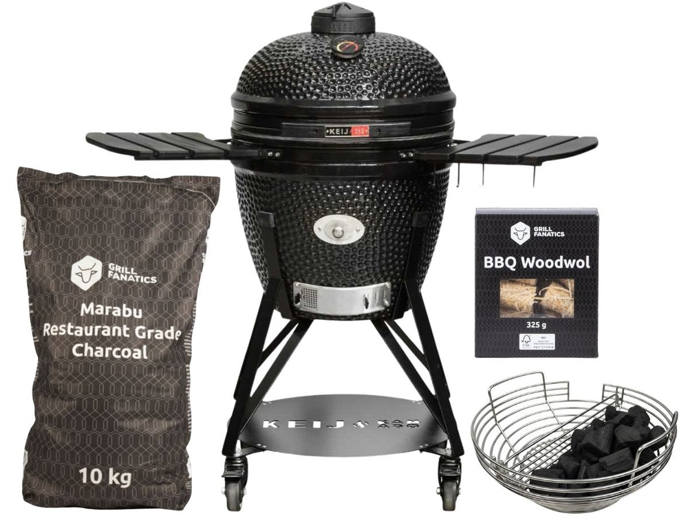 Keij Kamado BBQ Startersæt - Pro Large Black 21 inch - med Trækul, Tændblokke & Kulkurv