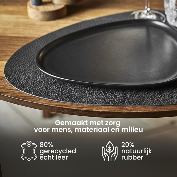LIND DNA Placemats Hippo - Læder - Black Anthracite - Curved - 44 x 37 cm - 2 Styk